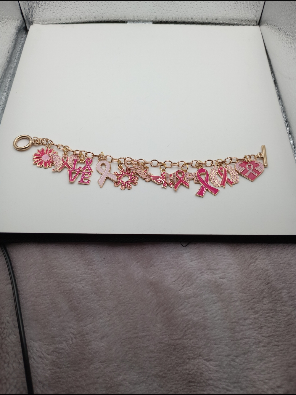Gold Pink Breast Cancer Awareness Charm Bracelet - Picture 5 of 11